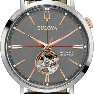 Bulova Men’s Classic Aerojet 3-Hand Automatic Leather Strap Watch, Open Aperture, 40-Hour Power Reserve, Double Curved Mineral Crystal, 41mm
