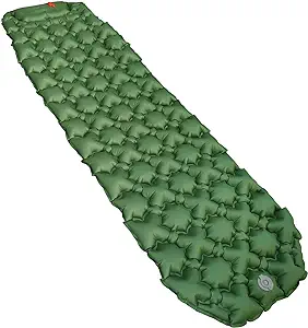 Amazon Basics Ultralight Sleeping Pad for Backpacking Hiking, Folding,Inflatable Portable Air Mattress with Built-in Pump, Mat Olive Green 2.2 inches Thick, Single