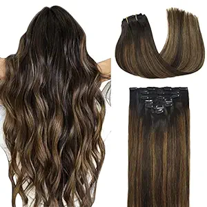 Clip in Hair Extensions Human Hair Extensions, DOORES Balayage Dark Brown to Chestnut Brown 120g 7pcs 18 Inch Real Human Hair Extensions Clip in Straight Remy Hair Extensions
