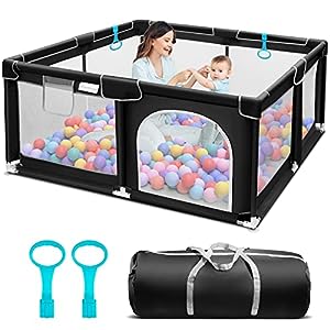 Suposeu Baby Playpen, 50”×50” Baby Playard, Playpen for Babies and Toddlers, Sturdy Safety Play Yard with Soft Breathable Mesh, Indoor & Outdoor Baby Fence, Black