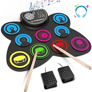 Upgraded Electric Drum Set, 9 Drum Practice Pad, Roll-up Electronic Drum Pad Machine With Headphone Jack Built-in Speaker Drum Sticks Foot Pedals, Great Holiday Xmas Birthday Gift for Kids