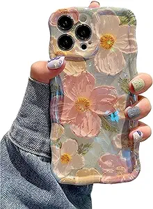EYZUTAK Case for iPhone 14 Pro Max, Colorful Retro Oil Painting Printed Flower Laser Glossy Pattern Cute Curly Wave Edge Exquisite Phone Cover Stylish Durable TPU Protective Case for Girls Women-Green