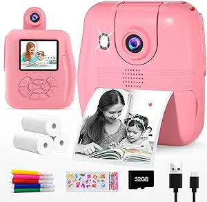 GKTZ Kids Camera Instant Print – 1080P HD 0 Ink Instant Print Photo – Christmas Birthday Gifts for Age 3-8 Girls Boys – Portable Toy with 3 Rolls Photo Paper, 5 Color Pens, 32GB Card – Pink