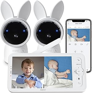ARENTI Video Baby Monitor, Audio Monitor with Two 2K Ultra HD WiFi Cameras,5″ Color Display,Night Vision,Cry Detection,Motion Detection,Auto Traking,Temp & Humidity Sensor,Two Way Talk,App Control