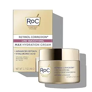 مرطوب کننده صورت RoC Retinol Correxion Max Daily Hydration ضد پیری با اسید هیالورونیک، کرم مراقبت از پوست بدون روغن برای خطوط ریز، لکه های تیره، اسکارهای بعد از آکنه، 1.7 اونس (بسته بندی ممکن است متفاوت باشد)