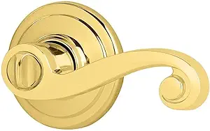 دستگیره درب خصوصی داخلی Kwikset Lido با قفل، اهرم درب برای حمام و اتاق خواب، قفل چرخشی بدون کلید برگشت پذیر برنجی صیقلی
