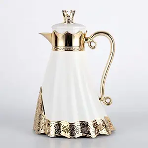 قمقمه عایق خلاء طرح ملکه عربی لوکس با دهانه تاج و درب، آستر شیشه ای، برای قهوه، چای، آب سرد/گرم – غلاف و زیره – رنگ سفید و طلایی، 34 اونس – 1 لیتر