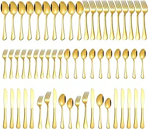 ست 12 عددی ظروف نقره ای طلایی، ست ظروف تخت فولادی براق 60 عددی Compralo، ست ظروف کارد و چنگال طلایی شامل قاشق، چنگال، چاقو برای منزل و رستوران