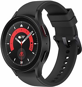ساعت هوشمند بلوتوثی 45 میلی‌متری SAMSUNG Galaxy Watch5 Pro Edition، بدنه، سلامتی، تناسب اندام، ردیاب خواب، شیشه کریستال یاقوت کبود، قاب تیتانیوم، نسخه آمریکایی، بند ورزشی Black Ridge، مشکی