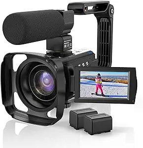 دوربین فیلمبرداری 4K دوربین فیلمبرداری 48 مگاپیکسلی UHD 60 فریم در ثانیه وای فای دید در شب IR برای دوربین زوم دیجیتال 16X YouTube با میکروفون خارجی، هود لنز، تثبیت کننده، کنترل از راه دور، 2 باتری