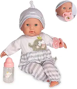 عروسک کودک واقعی 15 اینچی با بدن نرم با چشمان باز/بسته | JC Toys – بوتیک Berenguer | شیشه شیر و پستانک | خاکستری | سنین 2+