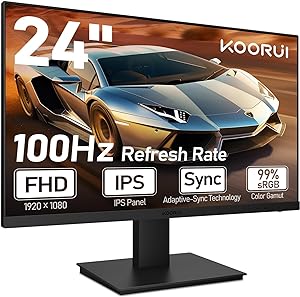 مانیتور بازی KOORUI 24 اینچی Full HD 1080p 100Hz، 99% sRGB، بلندگوهای داخلی، نور آبی کم، شیب، پایه دیواری VESA، HDMI x1، پورت VGA x1، مشکی