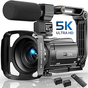 دوربین فیلمبرداری 5K، دوربین فیلمبرداری 48 مگاپیکسلی UHD Wifi IR در شب دید در شب برای یوتیوب، دوربین فیلمبرداری صفحه لمسی با زوم دیجیتال 16 برابر با میکروفون خارجی، هود لنز، تثبیت کننده، کنترل از راه دور، 2 باتری