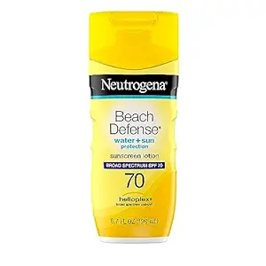 لوسیون ضدآفتاب صورت و بدن SPF 70 Neutrogena Beach Defence با محافظ طیف وسیع UVA/UVB، لوسیون ضد آفتاب با جذب سریع بدون چربی، بدون اکسی بنزون، 6.7 اونس