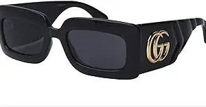 عینک آفتابی زنانه مستطیلی خاکستری مشکی Gucci GG0811S + بسته با کیت عینک لوکس eSHADES