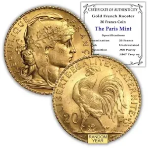 1899-1914 (سال تصادفی) سکه خروس طلای فرانسوی درخشان بدون چرخش با گواهی اصالت 20 فرانک BU