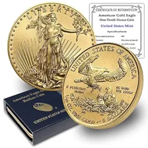 1986 – فعلی (سال تصادفی) 1/10 اونس سکه طلای عقاب آمریکایی (نوع 1 یا نوع 2) درخشان بدون چرخش با جعبه ضرابخانه اصلی ایالات متحده 1 دلار فروشنده BU