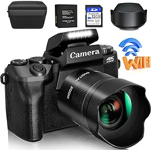 دوربین دیجیتال Saneen، دوربین‌های 4k برای عکاسی و فیلم‌برداری، دوربین 64 مگاپیکسلی لمسی وای‌فای برای YouTube با فلش، کارت SD 32 گیگابایت، هود لنز، باتری 3000 میلی‌آمپر ساعتی، دوربین‌های جلو و عقب – مشکی