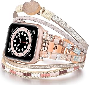 بند دستبند چرمی V-MORO سازگار با Apple Watch Boho iPhone Watch Bands Starlight 38mm