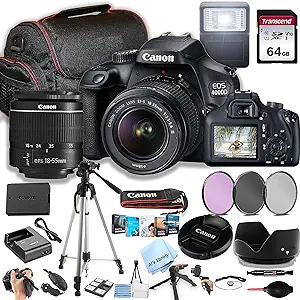 دوربین Canon EOS 4000D / Rebel T100 DSLR با لنز زوم 18-55 میلی‌متری F/3.5-5.6 + 64 گیگابایت حافظه، فیلترها، کیس، سه‌پایه، فلش و موارد دیگر (بسته 34 عددی) (تجدید شده)