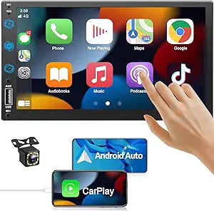 رادیو استریو اتومبیل Double Din با دوربین پشتیبان – کنترل صوتی Apple Carplay و Android Auto، ساب ووفر صفحه لمسی بلوتوث 5.3 گیرنده های صوتی اتومبیل، پخش کننده MP5 HD 7 اینچی با لینک آینه، USB/AM/FM