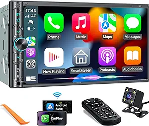 ارتقاء بی سیم استریو ماشین دو دینه با Carplay، Android Auto، بلوتوث، 4 کانال RCA، قدرت بالا، 2 پورت ساب ووفر، رادیو خودرو با صفحه لمسی خازنی HD 7 اینچی، دوربین پشتیبان، گیرنده صدا