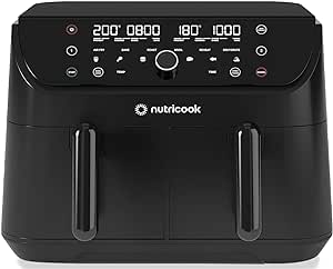 Nutricook Air Fryer Duo 2 by Caliber Brands، سبدهای دوگانه با کنترل مستقل 8.5 لیتری، سرخ کردنی با هوا، پختن، کباب کردن، کبابی، گرم کردن و آبگیری، 6 تنظیم از پیش تنظیم شده، AFD185، مشکی، 2400 وات، 2 سال گارانتی