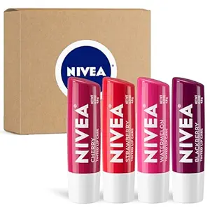 NIVEA Lip Care، بسته متنوع بالم لب رنگی میوه ای، شامل رایحه های گیلاس، توت فرنگی، شاه توت و هندوانه، 0.17 اونس، بسته 4 عددی