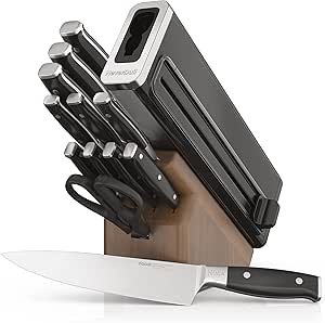 Ninja K52013 Foodi NeverDull Premium 13 تکه سیستم چاقو سری چوبی از جنس استنلس استیل آلمانی با تیزکننده داخلی، لکه گردو/مشکی