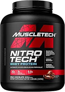 پودر پروتئین آب پنیر | Muscletech Nitro-Tech Whey Protein Isolate & Peptides | پودر پروتئین بدون چربی برای افزایش عضله | عضله ساز مردانه و زنانه | تغذیه ورزشی | شکلات، 4 پوند (40 وعده)