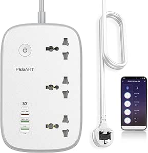 PEGANT Wifi Smart Wifi Protector Surge Protector Socket Multi Plug، سازگار با Alexa و Google Assistant، 3 پریز برق جهانی، شارژ سریع USB-C 30 واتی، 4 USB-A، کابل 2M