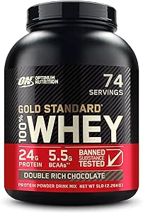 منبع اصلی پودر پروتئین آب پنیر 100% استاندارد طلایی Optimum Nutrition (ON)، 24 گرم پروتئین برای حمایت و ریکاوری عضلات – شکلات مضاعف غنی، 5 پوند، 74 وعده (2.27 کیلوگرم)