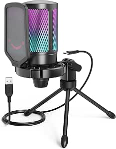 میکروفون USB گیمینگ FIFINE برای رایانه شخصی PS5، میکروفن خازنی با بی‌صدا کردن سریع، نشانگر RGB، پایه سه‌پایه، فیلتر پاپ، پایه ضربه‌ای، کنترل دستیابی برای پخش ویدیوهای پادکست Discord Twitch – AmpliGame