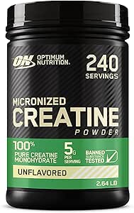 پودر کراتین مونوهیدرات میکرونیزه Optimum Nutrition (ON) برای حمایت از عضله سازی – بدون طعم، 1200 گرم، 240 وعده