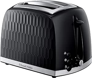 توستر Russell Hobbs Honeycomb 2 Slice (شاخ های بسیار پهن، ویژگی بالابر بالا، 6 سطح قهوه ای شدن، عملکرد یخ زده/لغو/گرم کردن مجدد، سینی خرده نان قابل جابجایی، 850 وات، مشکی، براق با بافت بالا) 26061