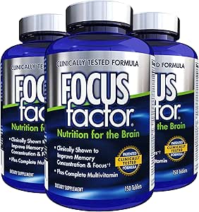 Focus Factor Nutrition for the Brain، مکمل مغز بهبود یافته حافظه و تمرکز، مولتی ویتامین کامل با ویتامین های B6، B12، D، Bacopa Monnieri و تیروزین، 150 عدد (بسته 3 عددی)