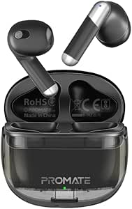 Earbuds Promate، هدفون In-Ear True Wireless Bluetooth v5.3، قاب شفاف، زمان پخش 26 ساعته، کنترل‌های لمسی هوشمند، ظرفیت باتری 350 میلی‌آمپر ساعت برای iPhone 15، Galaxy S24، RANSPODS (مشکی)