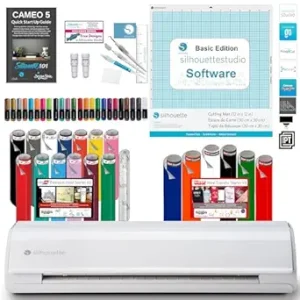 بسته نرم افزاری Silhouette America Silhouette Cameo 5 با کیت استارت وینیل، کیت شروع انتقال حرارت، بسته 24 قلم، کیت ابزار، راهنمای راه اندازی Cameo 5 با طرح های اضافی (سفید)