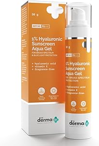 ژل ضد آفتاب هیالورونیک آکوا فوق سبک Derma Co با Spf 50 Pa++++ برای محافظت از طیف وسیع، UV A، UV B و نور آبی برای پوست های چرب – 50G(Dermaco)، بسته 1