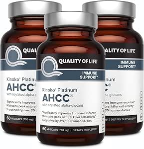 Quality of Life بسته 3 AHCC Kinoko Platinum 750 mg– مکمل پشتیبانی ایمنی ممتاز 60 بطری تعداد