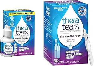 بسته دوقلو قطره چشم روان کننده خشکی درمانی TheraTears (2 بطری 30 میلی لیتری) + بدون مواد نگهدارنده، 30 ویال یکبار مصرف