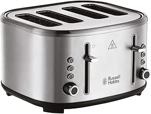 توستر 4 تکه استیل ضد زنگ Russell Hobbs Stylevia (26290GCC) با قابلیت بالابر بالا، تنظیمات قهوه ای شدن متغیر با عملکرد یخ زدایی/گرم کردن مجدد/لغو و سینی خرده نان قابل جابجایی – گارانتی یک ساله