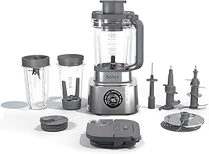 مخلوط کن Ninja Foodi Power Nutri 4-in-1، برش، رنده و خرد کردن، مخلوط کردن کاسه اسموتی، اسپرید و نوشیدنی، برنامه های خودکار، کوزه 2.1 لیتری، فنجان 700 میلی لیتر و کاسه XL 530 میلی لیتر با پاور پدل، 1200 وات، نقره ای CB400ME