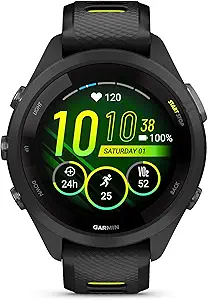 ساعت هوشمند Garmin Forerunner 265S، صفحه نمایش رنگارنگ AMOLED، معیارهای آموزشی و اطلاعات بازیابی، مشکی و زرد آمپر، 42 میلی متر