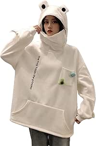 Zzple Kawaii Hoodie Hoodie زنانه ژاکت ژاکت قورباغه ای پیراهن قورباغه ای نسخه گشاد پاییزی و زمستانی لباس Unisex Ropa Mujer (رنگ: سفید، اندازه: متوسط)