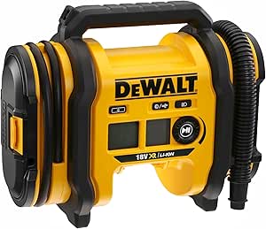 کمپرسور هوا شارژی DeWalt، پمپ باد برقی فشار قوی با آداپتور ماشین 12 ولت، 11 BAR/160 PSI، نور LED، صفحه نمایش LCD، حالت فشار دوگانه – سیاه/زرد، DCC018N-XJ