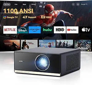 [1100 ANSI & Google TV] پروژکتور Wanbo X5 Pro 4K با WiFi و بلوتوث، پروژکتور فیلم در فضای باز خانگی، فوکوس خودکار و کیستون، 26dB کم نویز، Native 1080P، پروژکتور هوشمند با Netflix و Google Play