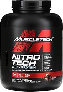 فرمول عضله سازی نهایی پروتئین آب پنیر Muscletech Nitro-Tech با ترکیبی منحصر به فرد از پروتئین وی ایزوله و پپتید – 30 گرم پروتئین، 3 گرم کراتین و 6.6 گرم BCAA، طعم شکلات شیری، 4.00 پوند