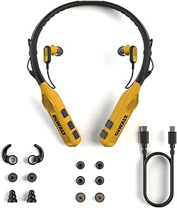 هدفون بلوتوث گردنبند 2 در 1 DEWALT با بلندگوهای داخلی، بلندگوی پوشیدنی و هدفون دور گردنی، هدست بلوتوث بی‌سیم، 60 ساعت بیشتر، موسیقی و تماس هندزفری، کیف حمل همراه