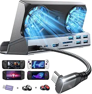 LISEN 10-IN-1 Docking Station برای Steam Deck OLED & ROG Ally X&Legion Go، فن خنک کننده دوگانه 5 پورت USB و 4K@60Hz، پشتیبانی از پورت شارژ 100 وات حالت ROG Ally 30W، Gigabit Ethernet Fit برای Steam Deck OLED